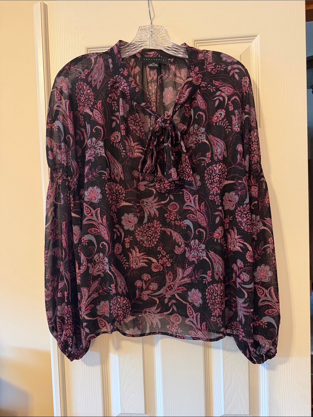 Sanctuary Sheer Floral Tie-Neck Blouse XS